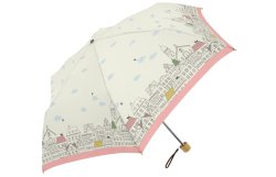 画像1: 【晴雨兼用】街並みプリント 黒コーティング折りたたみ傘　オフ白