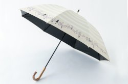 画像1: 【晴雨兼用】ボーダーと猫と音符ショート傘　ベージュ