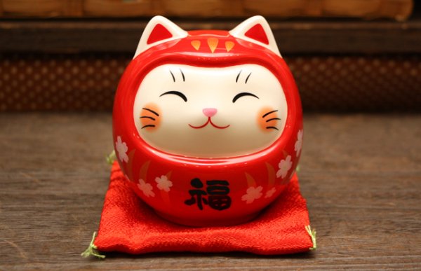 画像1: 彩絵開運猫だるま貯金箱(赤) (1)